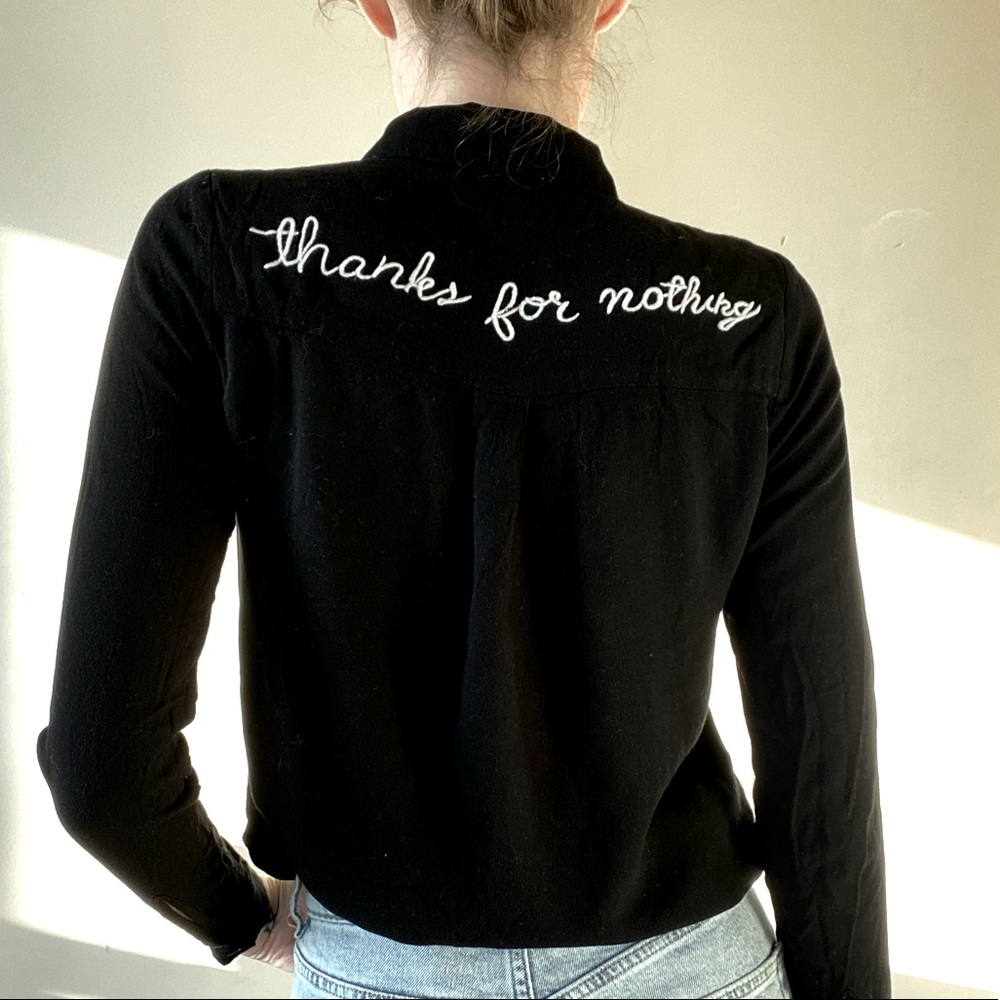 “Thanks for Nothing” embroidered button down black shirt w/ hearts on collar